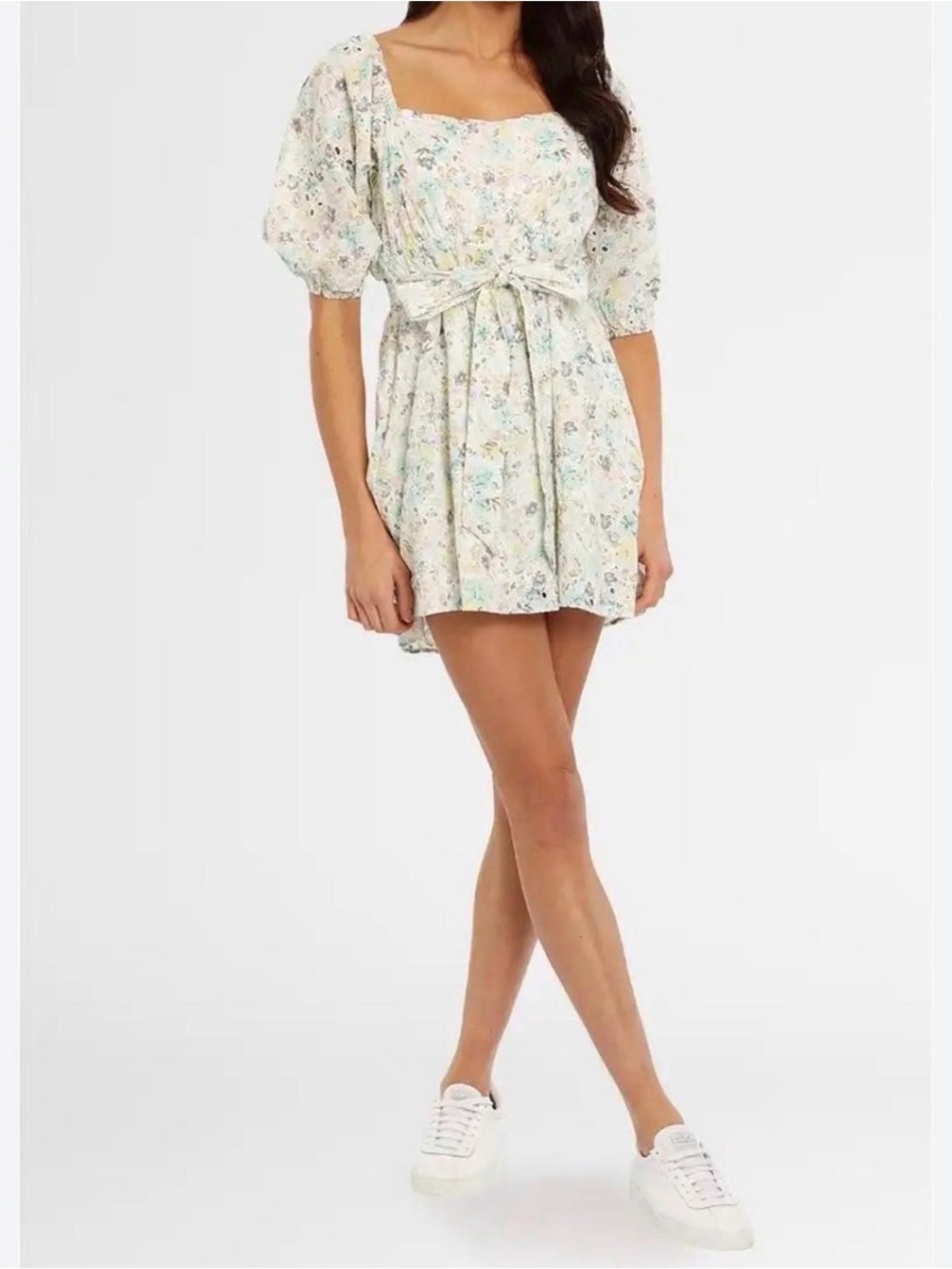 MINKPINK Floral Tiered Mini Dress in Mint, Cream & Pale Yellow